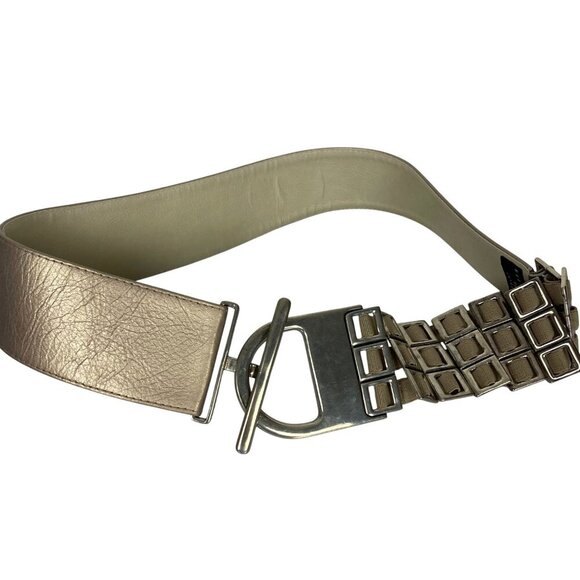 Suzi Roher Gold Leather Silver Metal Square Link Wide Belt Large Stretch - Picture 1 of 8